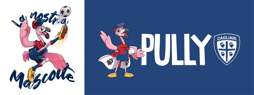 Due ritratti di Pully, fenicottero rosa antropomorfo vestito di rosso e blu, che calcia un pallone su sfondo bianco, e su sfondo bianco che saluta con un pallone sotto l'ala e la bandiera dei quattro mori come mantello, accanto allo scudetto stilizzato del Cagliari Calcio.