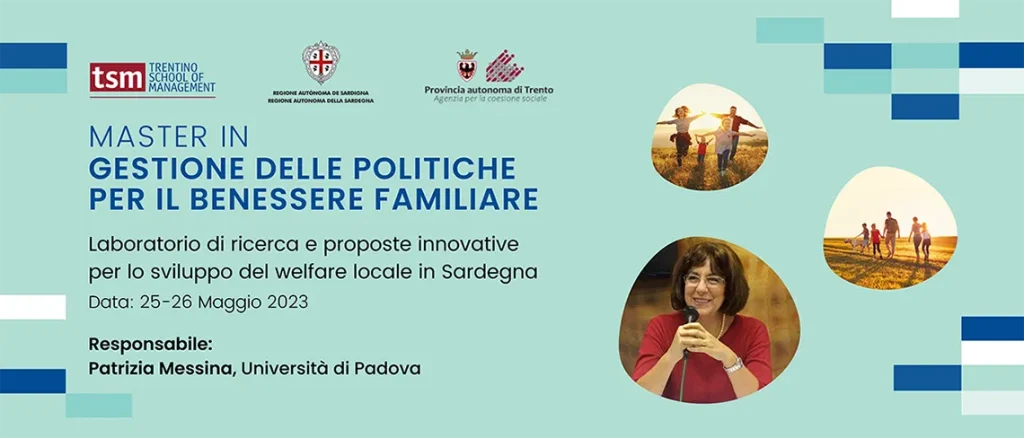 Banner giornate 25-26 maggio 2023, laboratorio sperimentale Master in gestione delle politiche per il benessere familiare in Sardegna.