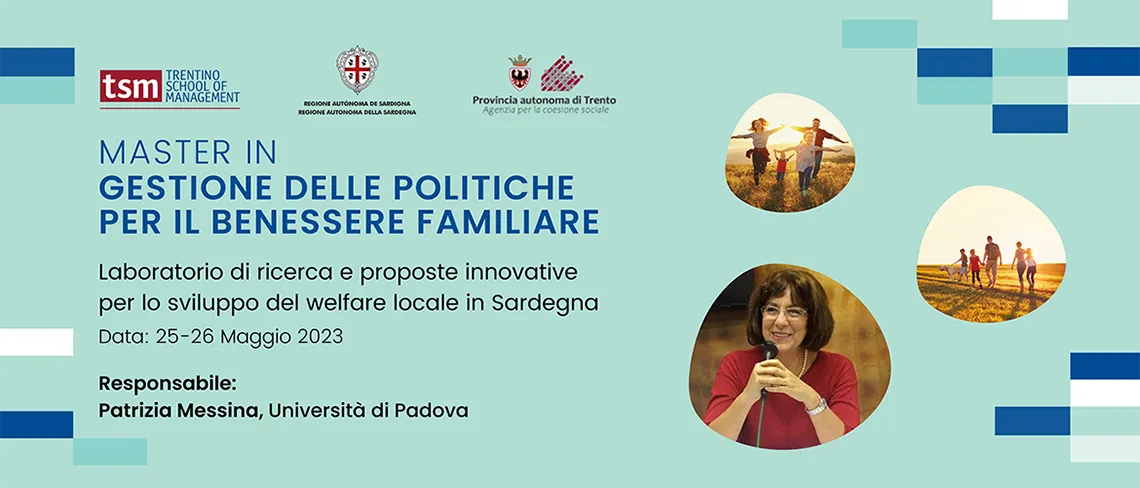 Banner giornate 25-26 maggio 2023, laboratorio sperimentale Master in gestione delle politiche per il benessere familiare in Sardegna.