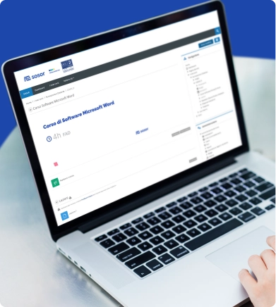 Laptop con schermata della piattaforma Sosor Theta e-learning del corso e-learning Microsoft Word.