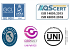 Loghi certificazioni Iso 9001 Ukas, Aqscert ISO 14001:2015 e ISO 45001:2018, Accredia, CERSIST UNI Pdr 125, Uni Organizzazioni