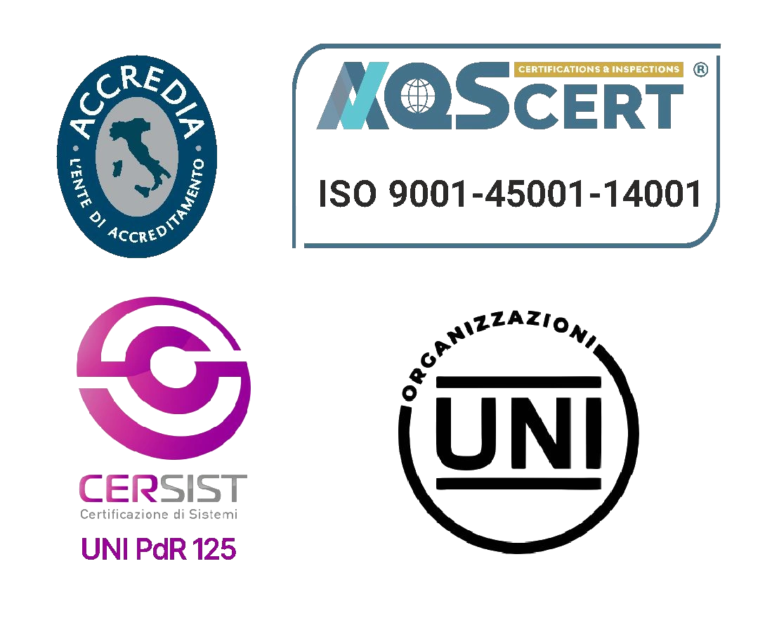 Loghi organismi certificatori e numero certificazione Sosor, disposti su due righe. Prima riga: Aqscert ISO 9001-45001-14001, Accredia, seconda riga Cersist UNI PdR 125, Organizzazioni UNi