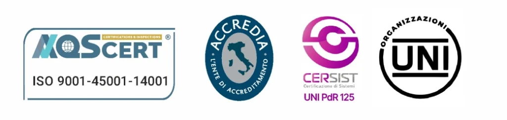 Loghi organismi certificatori e numero certificazione Sosor, in successione orizzontale. Aqscert ISO 9001-45001-14001, Accredia, Cersist UNI PdR 125, Organizzazioni UNi