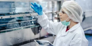 Donna in camice bianco, retina sui capelli e guanti analizza provetta in laboratorio