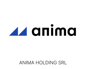 Logo Anima Holding. Due triangoli rettangoli blu, scritta anima grassetta nera. In basso, scritta nera sottile Anima Holding srl.