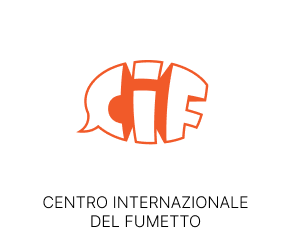 Logo Centro Internazionale del Fumetto - Cif. Un baloon stilizzato composto dalle lettere c i f bianche e arancio. In basso, scritta sottile nera Centro Internazionale del Fumetto