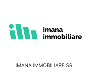 Logo Imana Immobiliare. Quattro rettangoli verdi verticali inclinati di altezze diverse, il primo composto da un cerchio e da un rettangolo forma una i. Scritta nera Imana Immobiliare. Sotto, in basso, scritta nera sottile Imana Immobiliare srl.