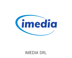 Logo Imedia. Scritta blu grassetta Imedia, dentro cornice ellittica azzurra. In basso, scritta Imedia srl nera sottile.